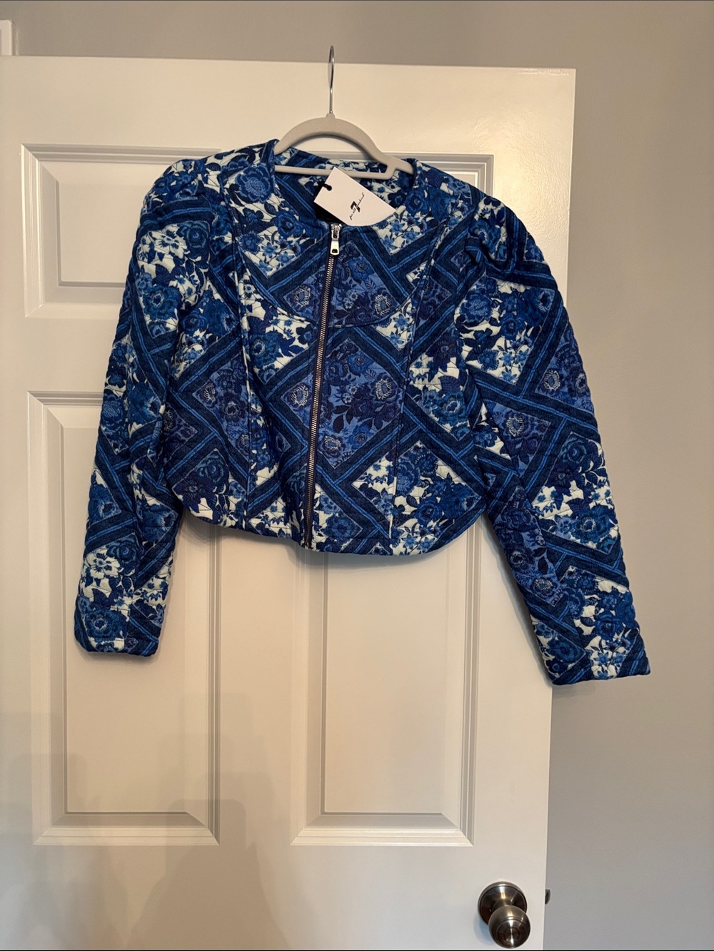 7 For All Mankind Blue Patterned Quilted Puffer Jacket